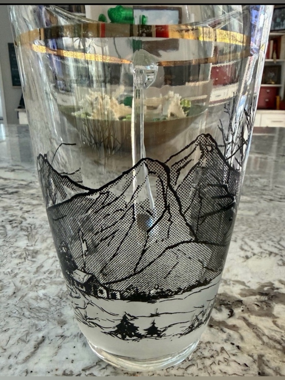 Vtg MCM Glass Pitcher Black Winter Tree Mountain Scene Gold Rim Ice Lip 7” - Picture 7 of 12